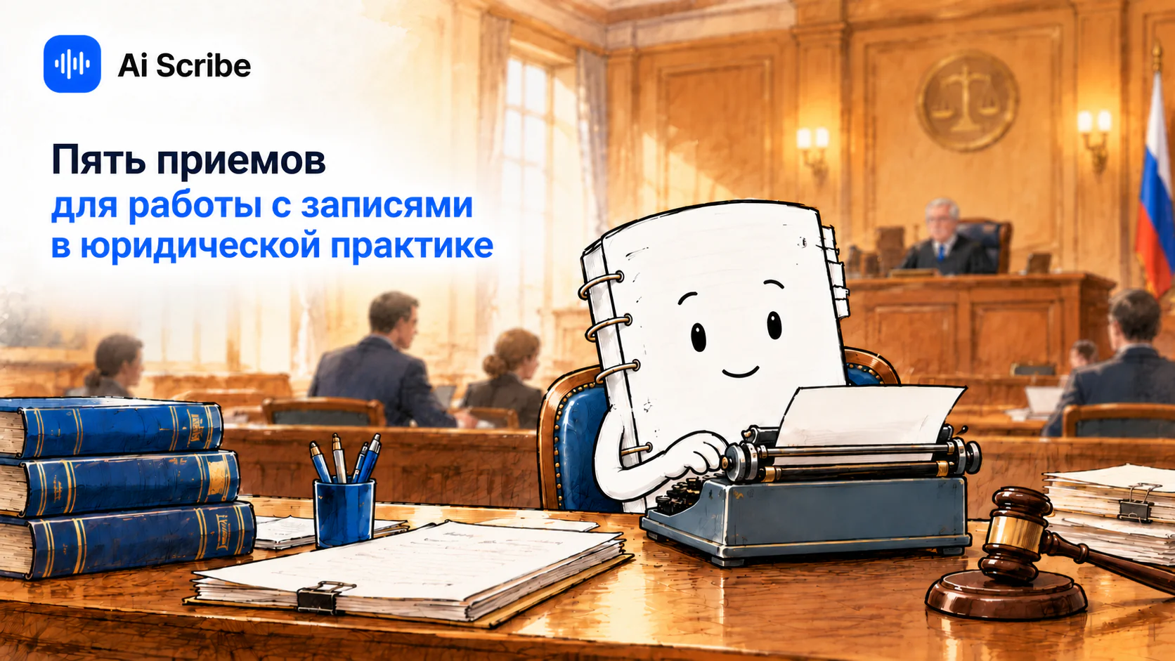 Ai Scribe за пишущей машинкой в зале суда: пять приемов для работы с записями в юридической практике
