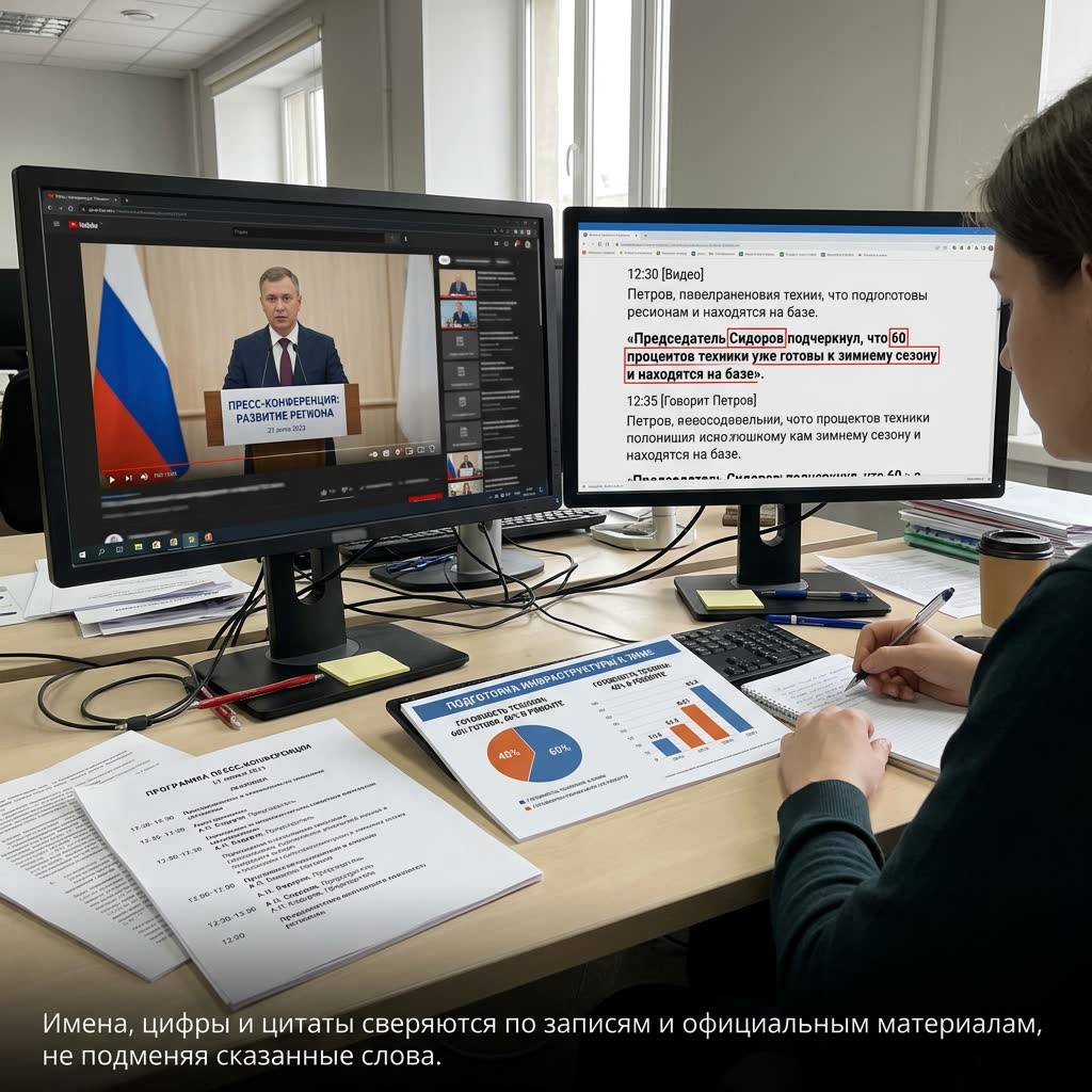 Проверка прямых цитат по записи пресс-конференции
