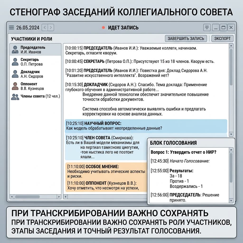 Таймкоды возле значимых фрагментов стенограммы заседания
