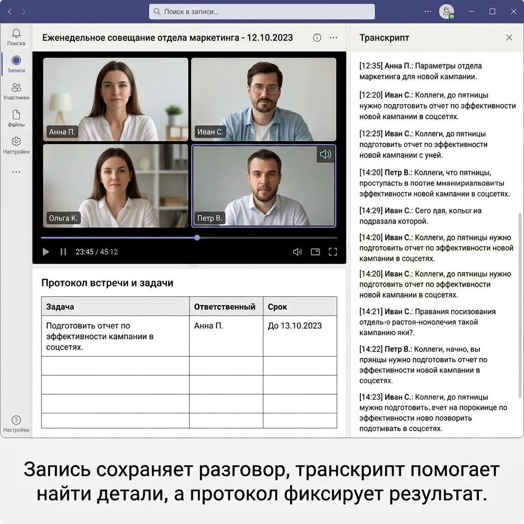 Запись, транскрипт и протокол ВКС-совещания в одном интерфейсе
